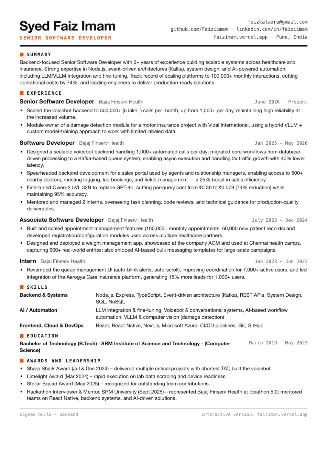 Faiz Imam's backend résumé, page 1