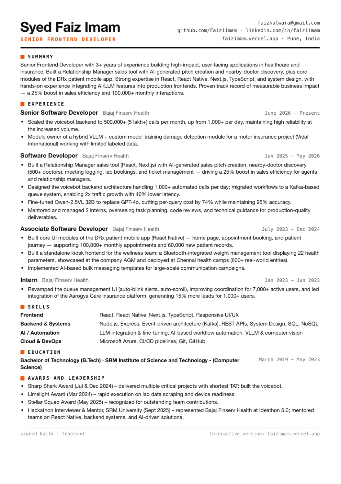 Faiz Imam's frontend résumé, page 1
