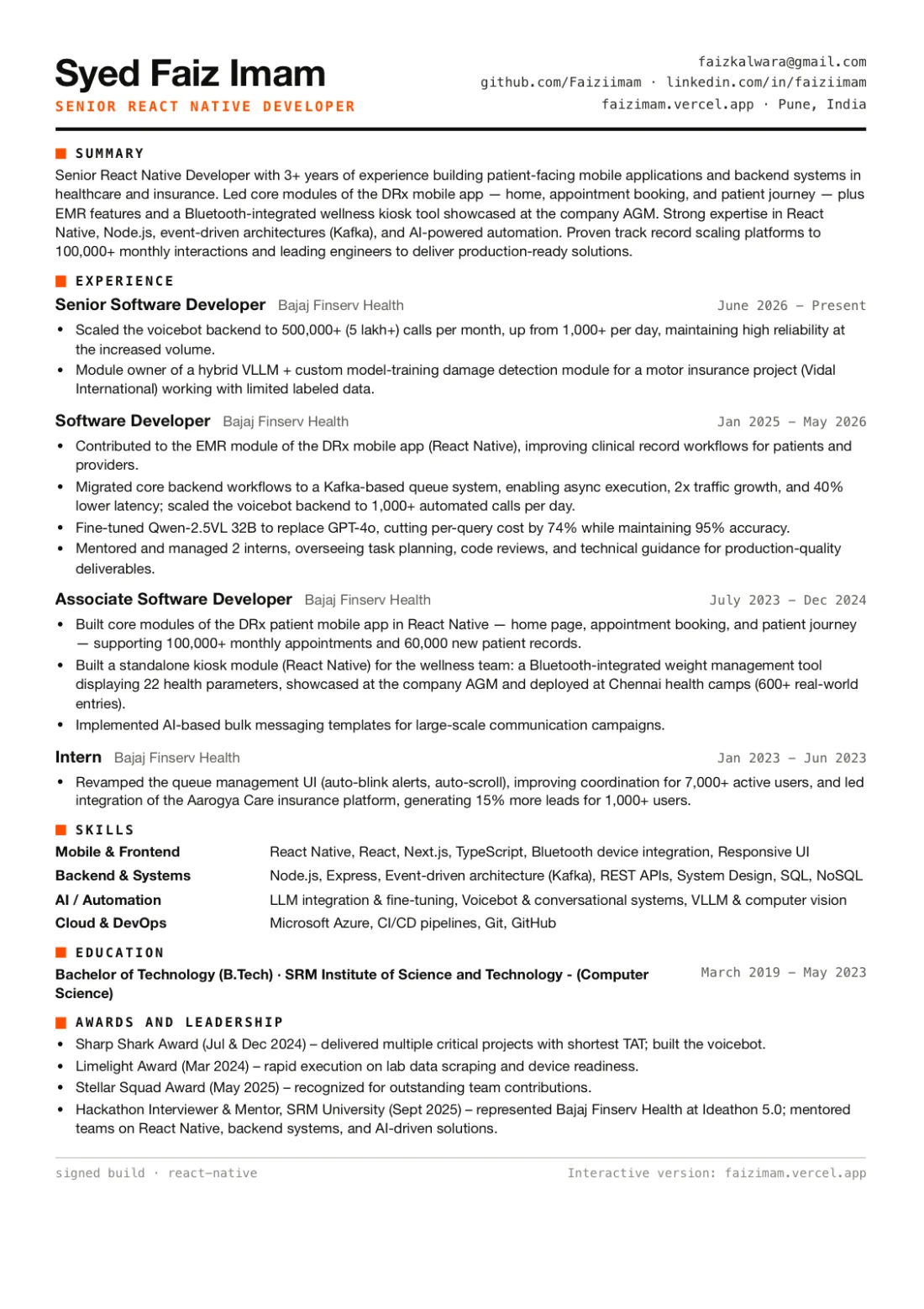 Faiz Imam's React Native résumé, page 1